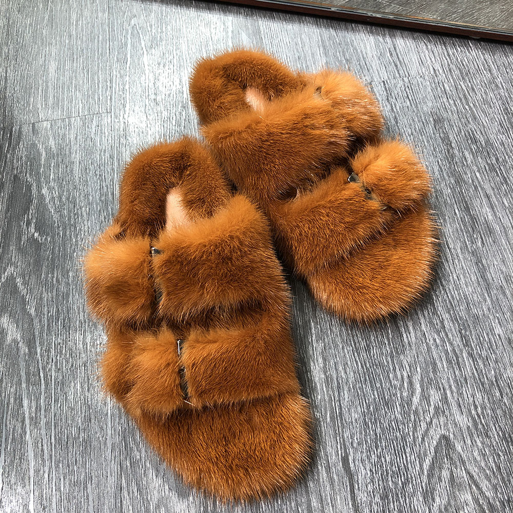 Genuine Mink Slides with Crystal Buckles 100% Real Mink Fur Slippers
